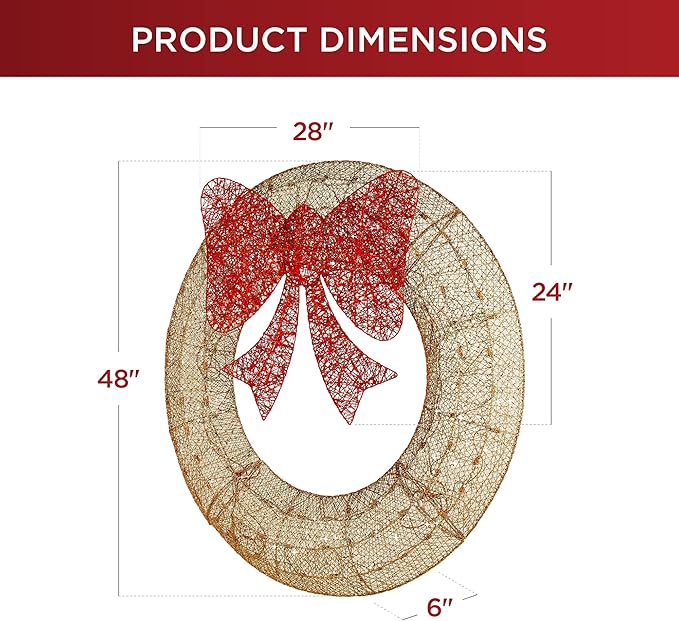 Best Choice Products 48in Pre-Lit Outdoor Christmas Wreath Decoration, LED Metal Holiday Decor for Home w/ 140 Lights, Bow - Gold/Red