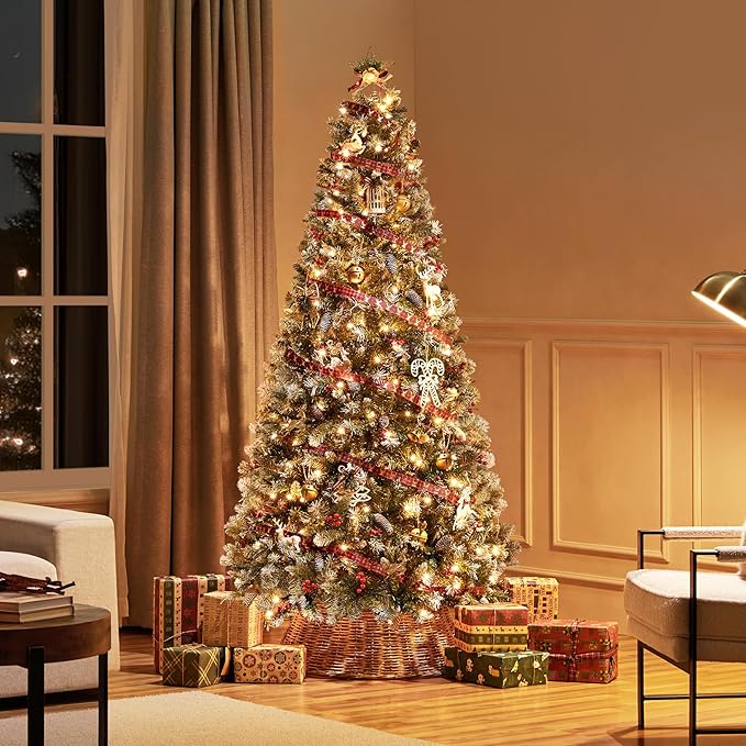 Yaheetech 6ft Pre-lit Frosted Artificial Hinged Christmas Tree with 818 Flocked PVC Tips,62 Pine Cones,62 Holly Berries & 250 Warm White Lights,Foldable Stand,Green