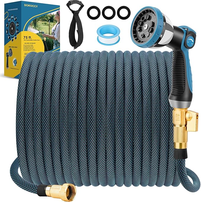 Non-Expanding Garden Hose 75 ft, Flexible Water Hose with 10 Function Spray Nozzle, Lightweight Hose Pipe, Leak-Proof, Durable, Kink-Resistant, 3/4 Inch Connector, Portable Storage Strap