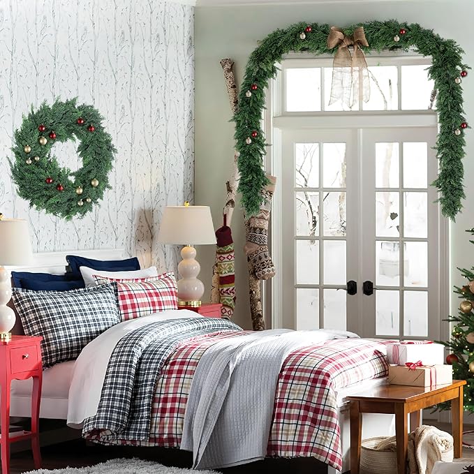 Hananona 2 Pcs 9 FT Artificial Cedar Garlands, Real Touch Winter Cedar Garland, Green Artificial Greenery Pine Garland for Table, Mantle, Wall, Indoor, Outdoor Christmas Decorations (2, 9 FT)