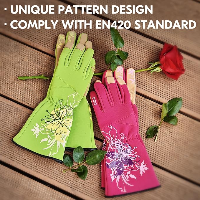 Vgo... 1-Pair Ladies' Synthetic Leather Gardening Gloves, Long Sleeves Gauntlet, Breathable & Grip Work Gloves, High Dexterity, Washable (Size S, Green, SL7445)