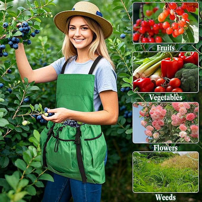 Gardening Apron for Women & Men, Garden Aprons with Pockets and Interal Drawstring Bag, Waterproof Adjustable Cross Back Harvest Apron for Fruit Picking Storage Weeding Garden Gift