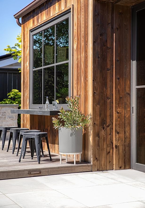 Veradek Demi Series Round Planter w/Stand for Porch/Patio | Durable Plastic-Stone Composite & Wooden Stand | Modern Décor for Tall Plants, Flowers