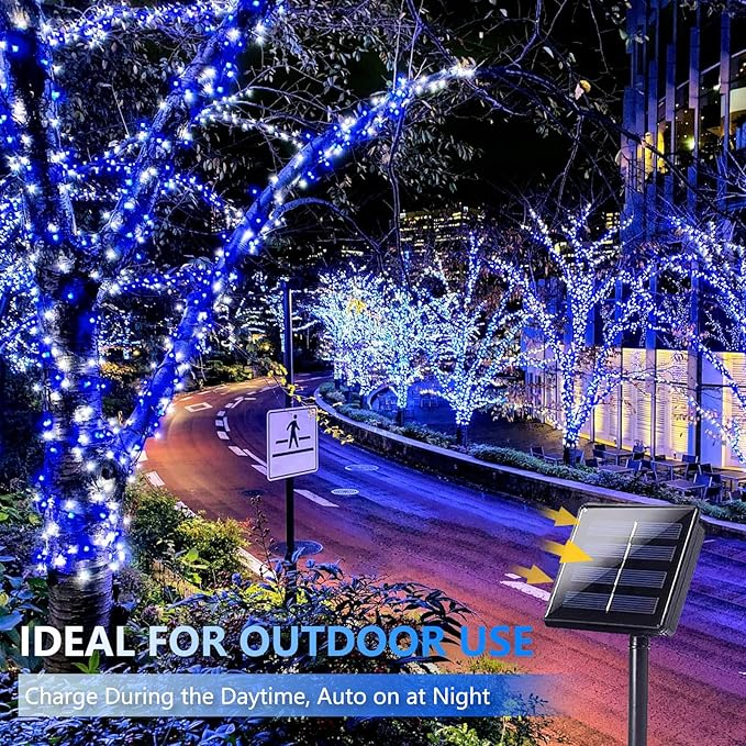 Extra-Long 144FT Solar String Lights for Outside, 2 Pack 400LED Solar Christmas Lights Outdoor, Waterproof Copper Wire with 8 Modes Twinkle Fairy Lights for Tree Party Christmas Decor (Blue and White)