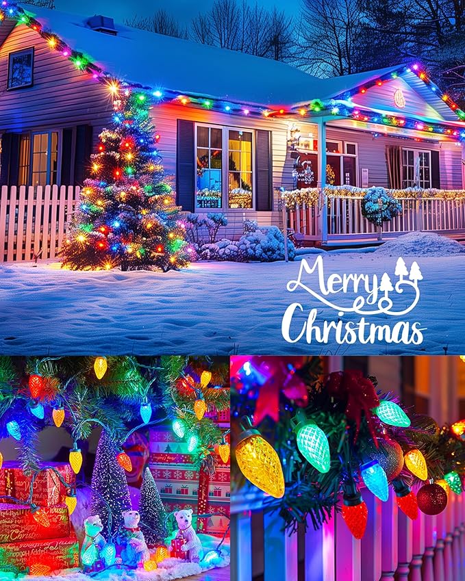 C9 LED Christmas Lights Outdoor, 68 Ft 100 LED C9 String Lights with 100 All in One Clips, Connectable Waterproof Christmas Tree Lights for Outside Roofline Backyard Garden Decor, Multicolor 2 Pack