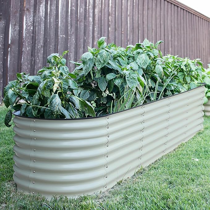 MUPATER Galvanized Raised Garden Bed 8x2x2ft, 9-in-1 Metal Raised Planter Box with 2 Aluminum Support Rods, Oval Outdoor Raised Garden Bed for Vegetable, Flower, Backyard and Patio, Cream White