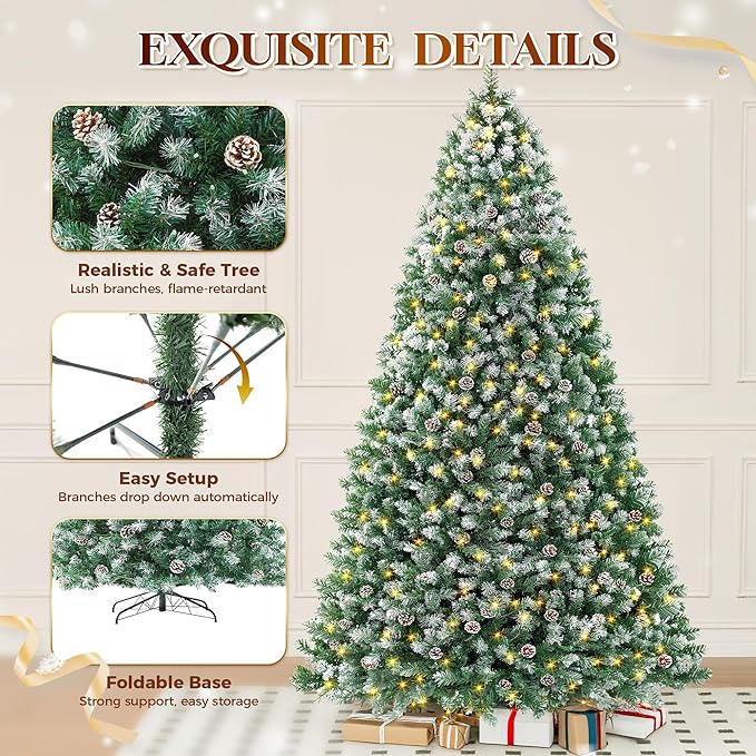 HOLLO STAR 12 ft Prelit Christmas Tree with 904 LED Lights, App Control, Artificial Christmas Tree, Multi-Color RGBW Lights, 3885 Flocked Frosted Tips, 152 Pine Cones, Metal Base, for Home, Party