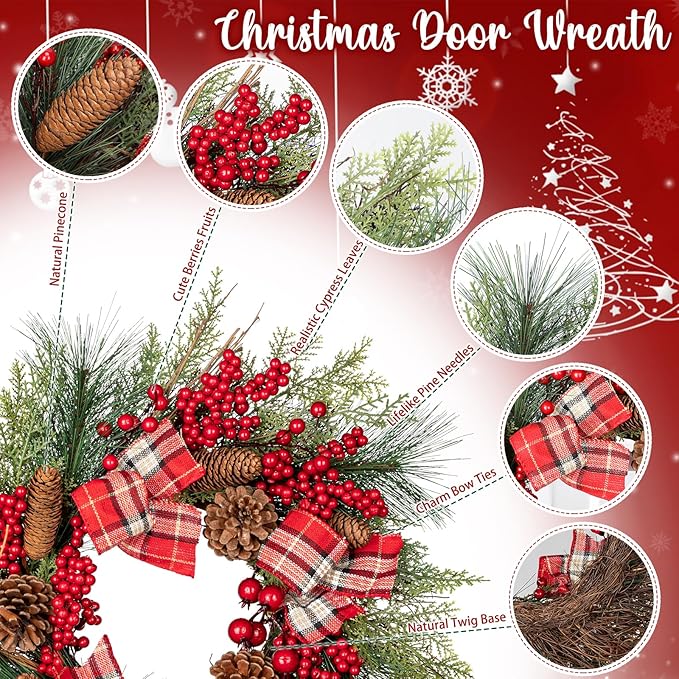 20 Inch Artificial Christmas Wreath with Red Berries, Pine Cones, Cedar Pine Needles, Bow Ties - Indoor/Outdoor Decoration for Front Door