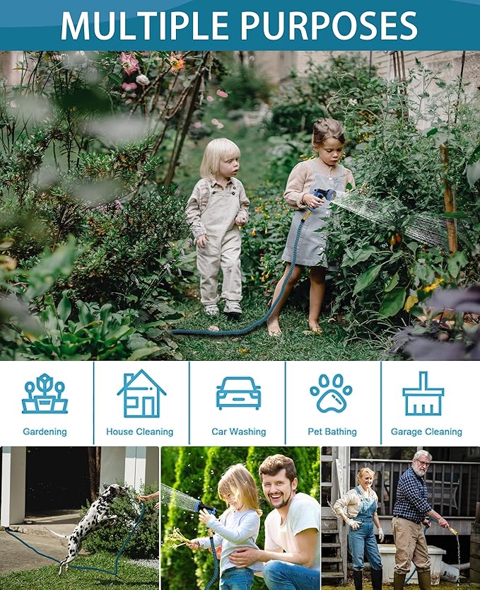 150 ft Expandable Garden Hose - Water Hose w/10 Function Spray Nozzle, Lightweight, No-Kink Flexible Hose with 3/4" Brass Fittings and 4-Layer Latex Core, 150ft Retractable Stretch Hose (Blue Black)