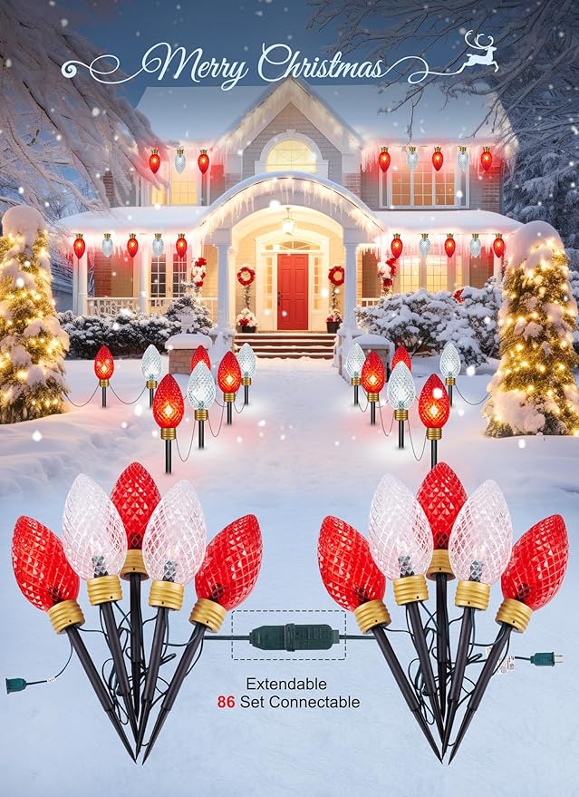 Minetom 2 Pack 11Feet 5 LED Super Jumbo Christmas String Lights or Pathway Marker Lights, Outdoor Xmas Decorations- Jumbo C9 Hanging Lights Waterproof Lawn Dec for Holiday Tree Roof, Red & White