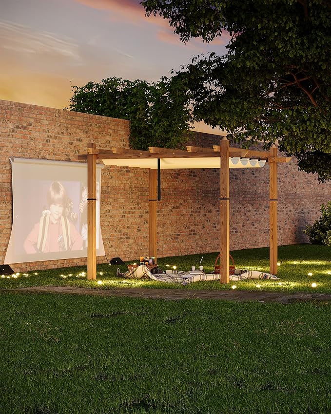 Garvee 10x10 Ft Outdoor Pergola with Retractable Canopy Aluminum Imitation Wood Grain Metal Patio Pergola for Backyard Deck Porch Grape Trellis(Beige)