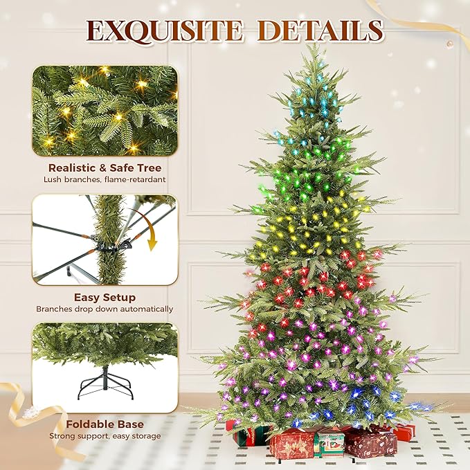 HOLLO STAR 7.5 ft Prelit Pencil Christmas Tree with 400 LED Lights, App Control, Aspen Artificial Christmas Tree, Multi-Color RGBW Lights, 1639 PE & PVC Branch Tips, Skinny Xmas Tree, for Home, Party