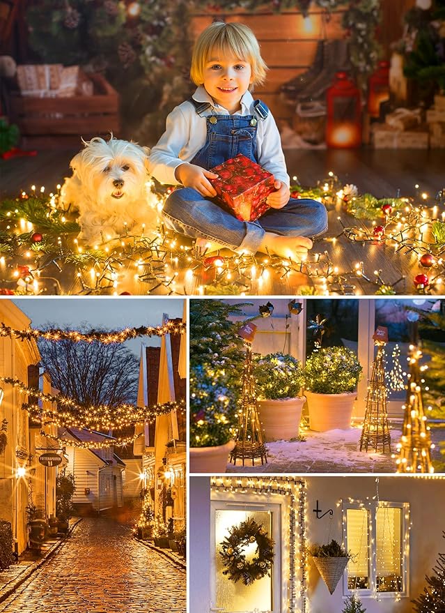 Minetom Christmas Lights, 128ft 400 LED Outdoor Christmas Tree Lights with Remote, 8 Modes String Lights Plug-in Mini Xmas Tree Lights with Timer for Outside Party Decor, Warm White