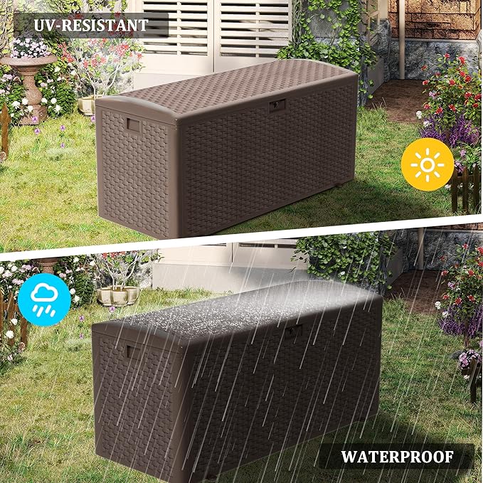 TARKARI Premium Pro Edition 180 Gallon Lockable Resin Deck Box, Waterproof & UV-Resistant Outdoor Storage Box for Outdoor Cushion Storage, Garden Tools & Pool Accessories Storage, Brown
