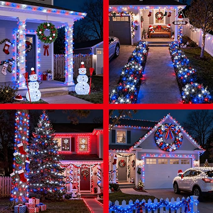 350LED 90FT Christmas Lights Indoor Outdoor, 12 Modes Red Blue and White Outdoor String Lights with Timer & Dimmable, Green Wire Christmas String Lights for Xmas Patio Yard Fence Bedroom Garden Decor