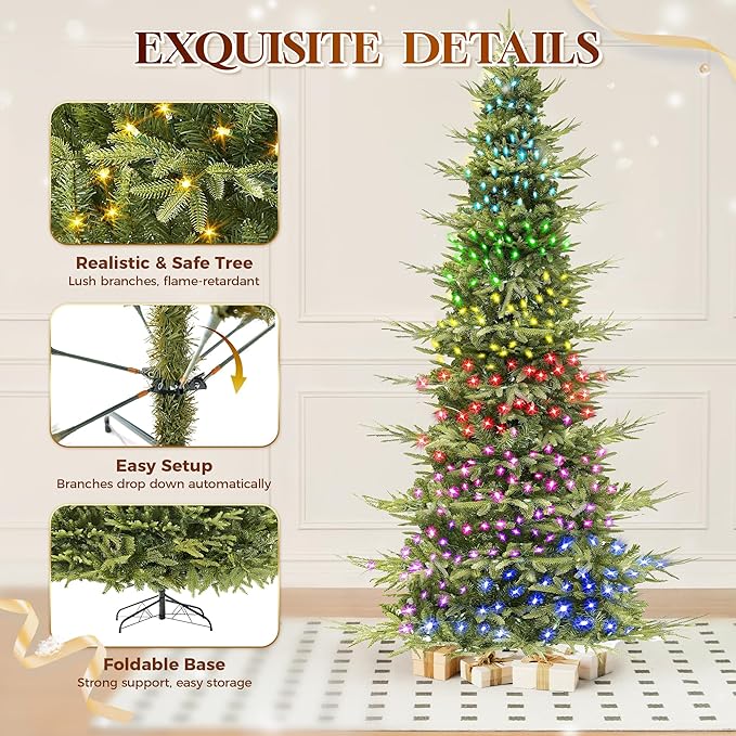 HOLLO STAR 9 ft Prelit Pencil Christmas Tree with 600 LED Lights, App Control, Aspen Artificial Christmas Tree, Multi-Color RGBW Lights, 2519 PE & PVC Branch Tips, Skinny Xmas Tree, for Home, Party