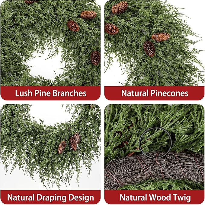 24 inch Christmas Wreath for Front Door, Real Touch Cedar Wreath with Pinecones Large Christmas Door Wreaths Artificial Hanging Pine Wreath for Xmas Indoor Outdoor Windows Holiday Decorations