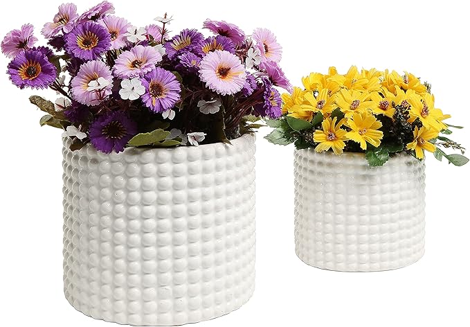 MyGift 6 Inch Ceramic Round Planter Pot, Set of 2 Vintage-Style White Ceramic Flower Pots, Indoor Hobnail Textured Cylindrical Succulent Plant Containers