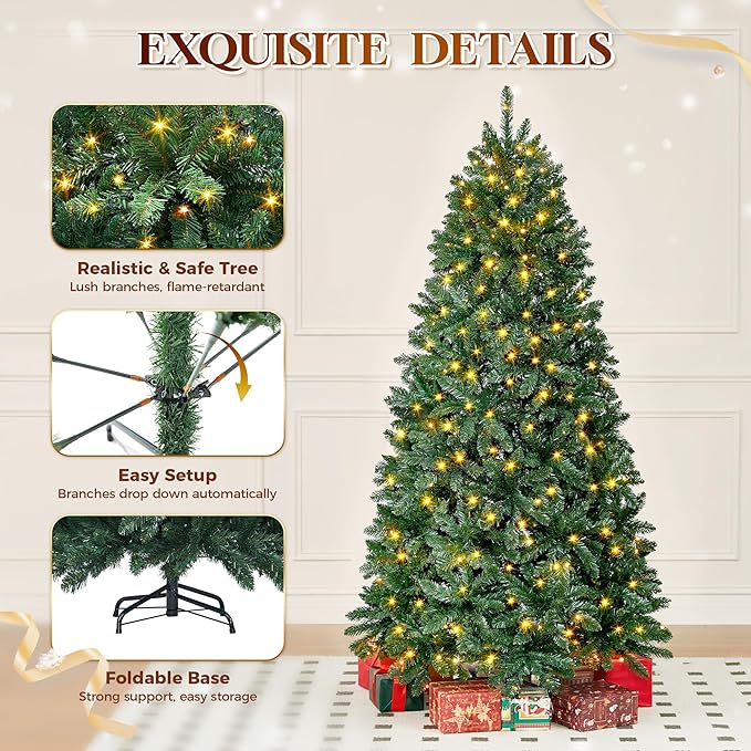HOLLO STAR 7.5 ft Prelit Christmas Tree with 396 LED Lights, App Control, Artificial Christmas Tree with Multi-Color RGBW Lights, 1542 Branch Tips, Metal Base, Easy to Assemble, for Home, Party