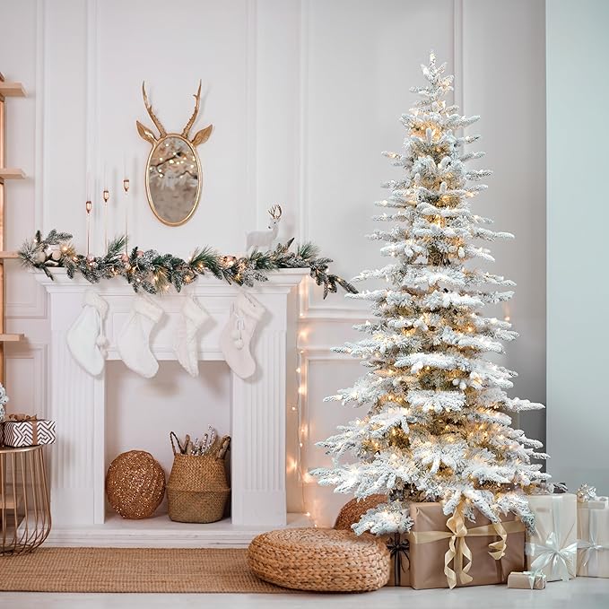 Fraser Hill Farm 7.5-Ft. Pine Valley Flocked Artificial Christmas Tree with Dual Multicolor & Warm White LED Lights, Prelit Foldable Fake Tree with Realistic Snowy Foliage for Home Decoration