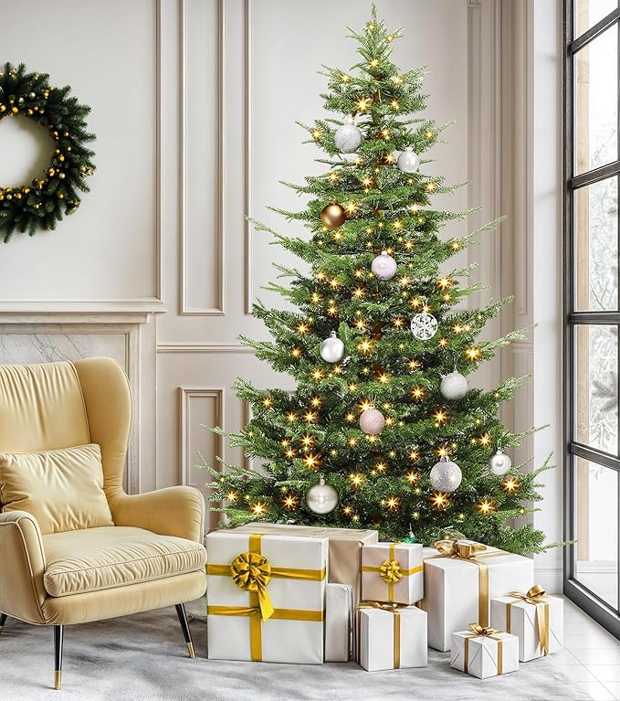 DWVO 6.5ft Aspen Fir Christmas Tree, Layered Artificial Christmas Tree with Crystal Embellishments, 900 Mixed PE & PVC Branch Tips, 500 Lights,Green with Remote Control