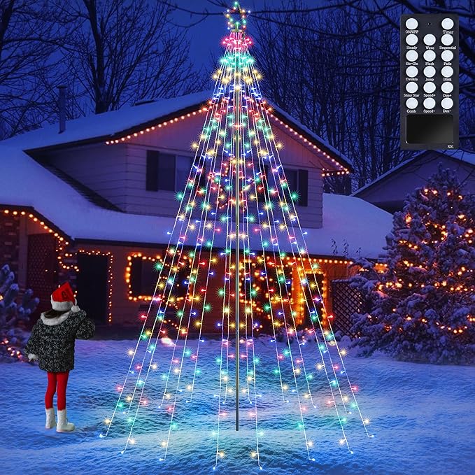 Lomotech Christmas Tree Lights - 10Ft 404 LED with 7.08" Topper, Remote Controll Waterproof Iron Pole Waterfall Lights for Outdoor Christmas Decorations (Multicolor)