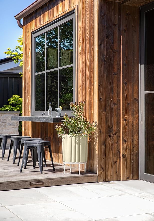 Veradek Demi Series Round Planter w/Stand for Porch/Patio | Durable Plastic-Stone Composite & Wooden Stand | Modern Décor for Tall Plants, Flowers