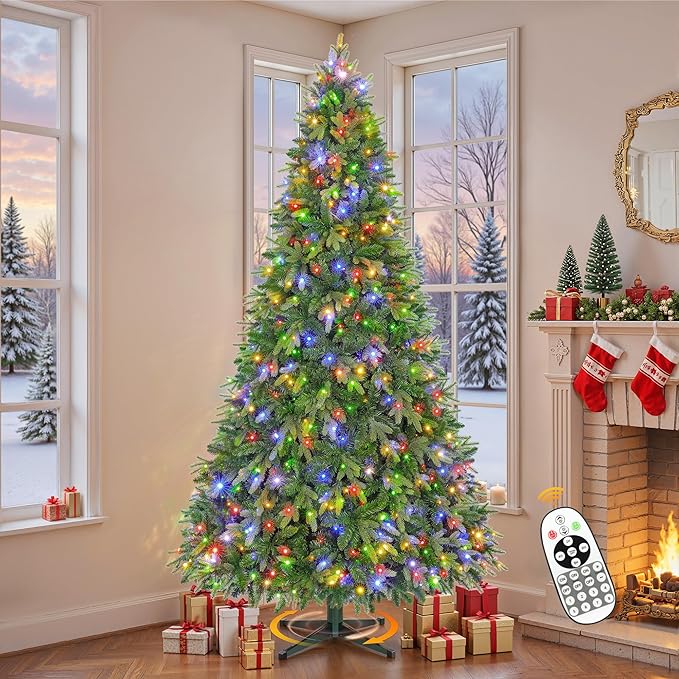 7.5FT Pre-Lit Artificial Full Christmas Tree with 360° Rotating Musical Base, Green Spinning Xmas Tree Holiday Festive Decor with Warm White & Multicolor Lights, 8 Lighting Modes, Timer