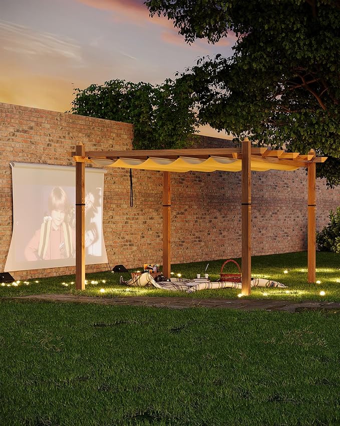 Garvee 10x13 Ft Outdoor Pergola with Retractable Canopy Upgraded Aluminum Faux Wood Grain Patio Pergola for Modern Backyard Deck Porch Grape Trellis(Khaki)