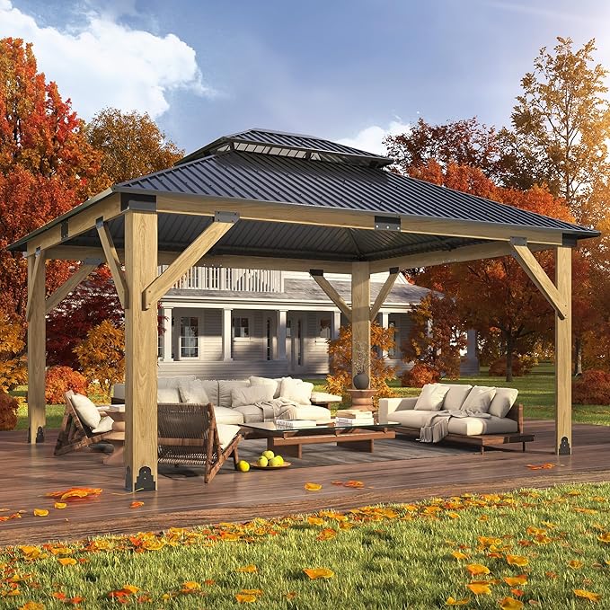 GARTOO 13’x15’ Outdoor Wooden Gazebo - Patio Galvanized Steel Wood Gazebo with Double Vented Roof, Heavy-Duty Gazebos for Garden, Lawn, Backyard Deck, Poolside
