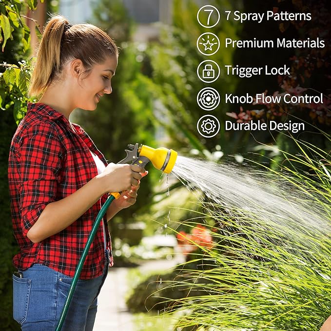AUTOMAN-Garden-Hose-Nozzle,ABS Water Spray Nozzle with Heavy Duty 7 Adjustable Watering Patterns,Slip Resistant for Watering Plants,Lawn& Garden,Washing Cars,Cleaning,Showering Pets - Yellow