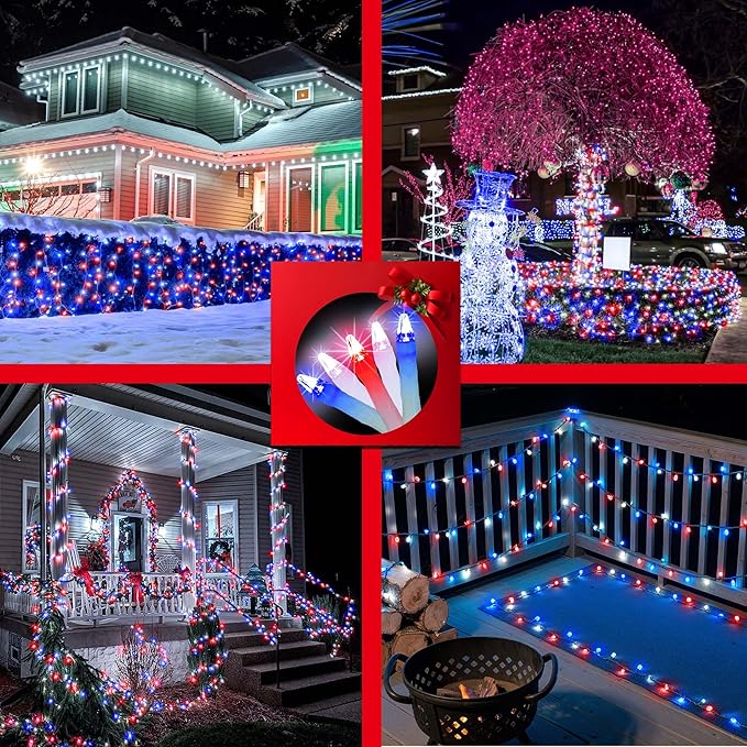 300LED Chrstmas Lights, 75ft Indoor Outdoor Christmas String Lights with 12 Modes, Red White and Blue Christmas Tree Lights with Timer Dimmable Connectable for Fence Garden Xmas Wedding Party Decor