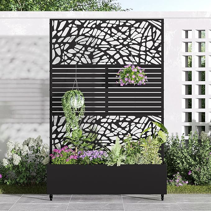 Casaphoria Metal Raised Garden Bed with Trellis and Wheels, 72"x47"x16" Arched Planter Box for Climbing Plants, Vegetables & Vines, Features Drainage Holes and Privacy Screen (Black-Helen&Net)