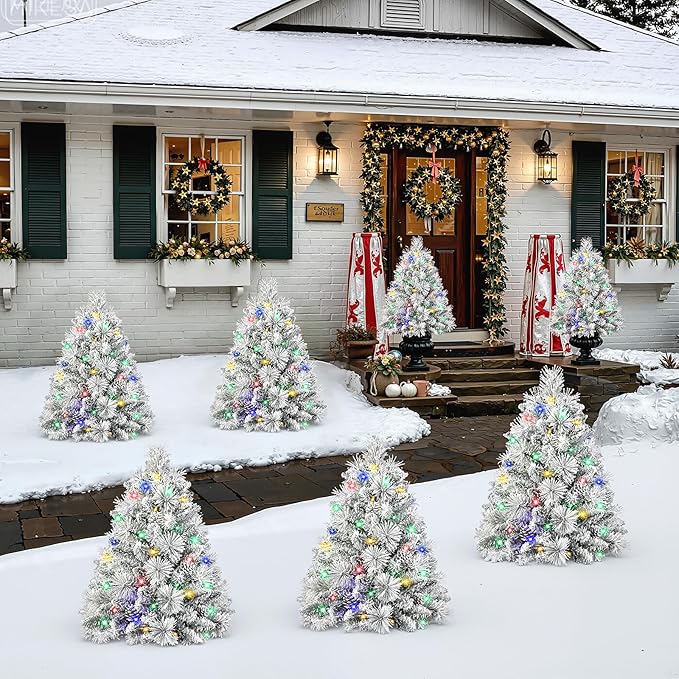 Set of 1 24.5 Inch Lighted Flocked Outdoor Christmas Tree with Multi-Color Lights, Timer, Battery Operated Pre-lit Scotch Pine Pathway Urn Filler with Pine Cones for Pathway & Porch& Yard Decorations