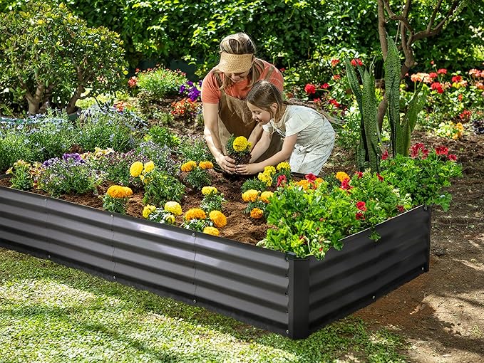 Galvanized Raised Garden Beds Outdoor // 8×4×1 ft Planter Raised Beds for Gardening, Vegetables, Flowers // Large Metal Garden Box // Patented Tool-Free Design (Dark Gray)