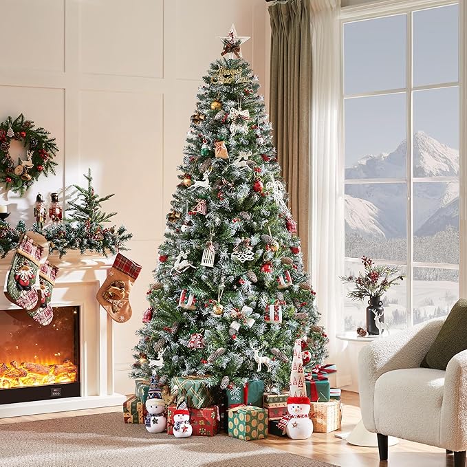 Yaheetech 7.5ft Pre-lit Frosted Artificial Hinged Christmas Tree with 1398 Flocked PVC Tips,88 Pine Cones,88 Holly Berries & 500 Warm White Lights,Foldable Stand,Green