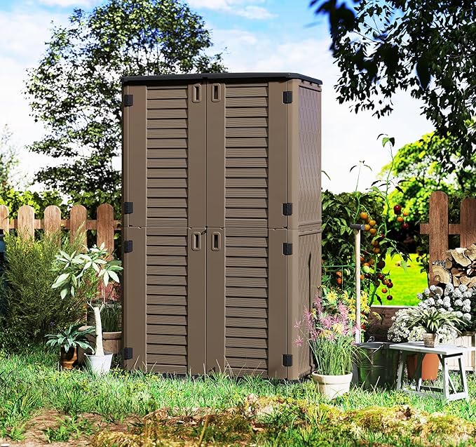 HOMSPARK Storage Shed Weather Resistance, Multi-Purpose Outdoor Storage Cabinet for Backyards and Patios, Horizontal Storage Shed for Lawnmower, Patio Accessories (Coffee, Tall - 53 cu.ft)