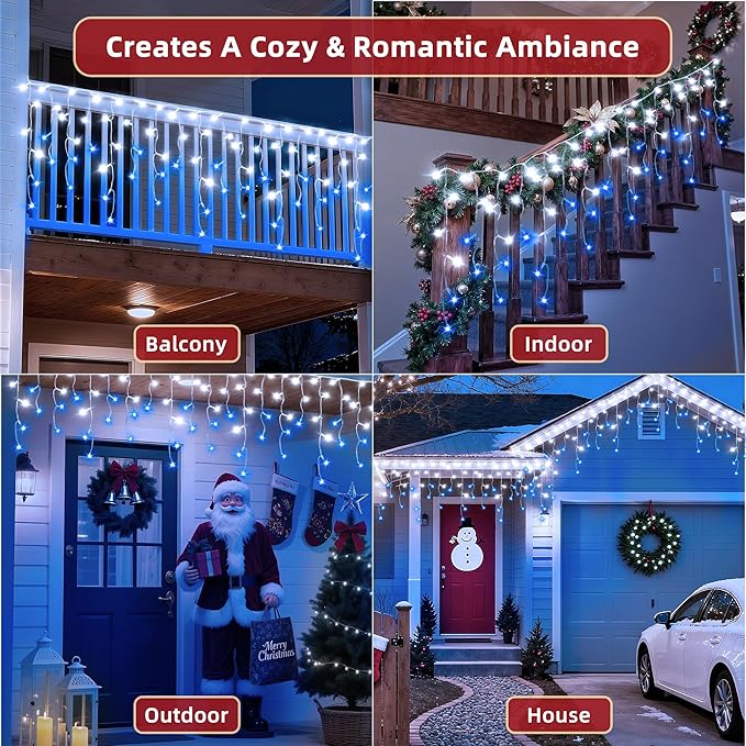 612 LED 60ft Christmas Lights with 136 Drops, 12 Lighting Modes Blue & White Christmas Decoration Twinkling Lights Dimmable, Timer Outdoor Waterproof Fairy Lights for Indoor Garden House Eaves Roof