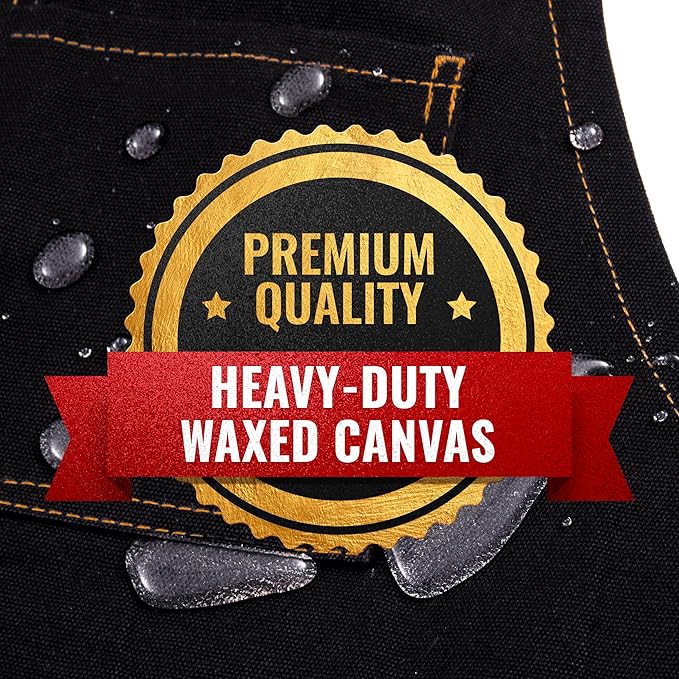 Under NY Sky Tool Black Apron – Heavy-Duty Waxed Canvas, Leather Reinforcement, Extra Pockets – Adjustable for Men and Women – Pro Mechanic, Woodworker, Blacksmith, Plumber, Electrician, Welder Aprons