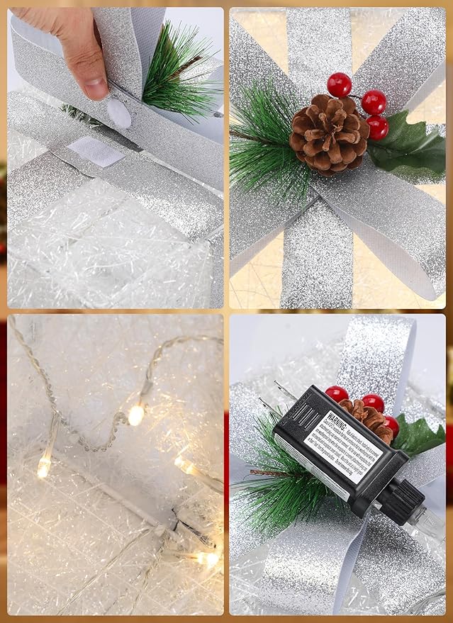 Set of 3 Christmas Decorations Lighted Gift Boxes, 12in 10in 8in with 60 Pre-Lit Mini String Lights,Foldable LED Xmas Gift Boxes with Bows for Tree Indoor Outdoor Holiday Party Yard Home Decor