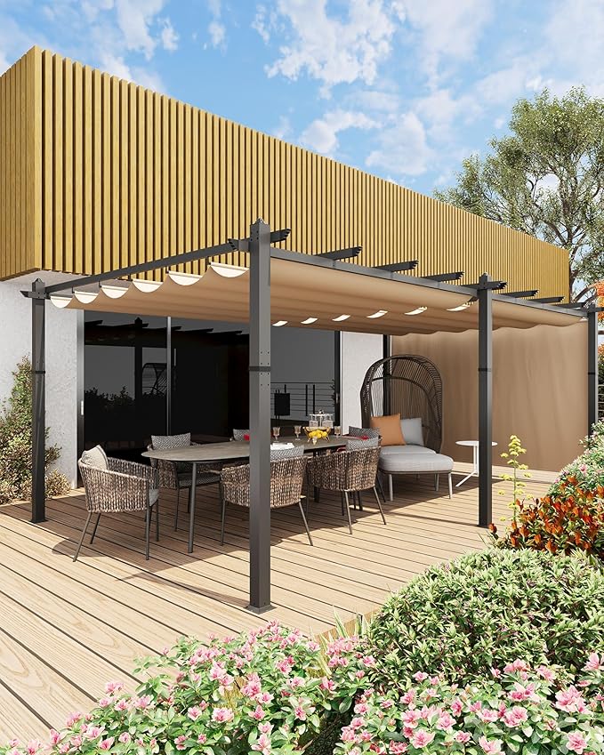 Garvee 12x20 Ft Aluminum Pergola Oversize Outdoor Metal Gazebo with Retractable Canopy Outdoor Shelter for Modern Backyard Deck Porch Grape Trellis(Khaki)