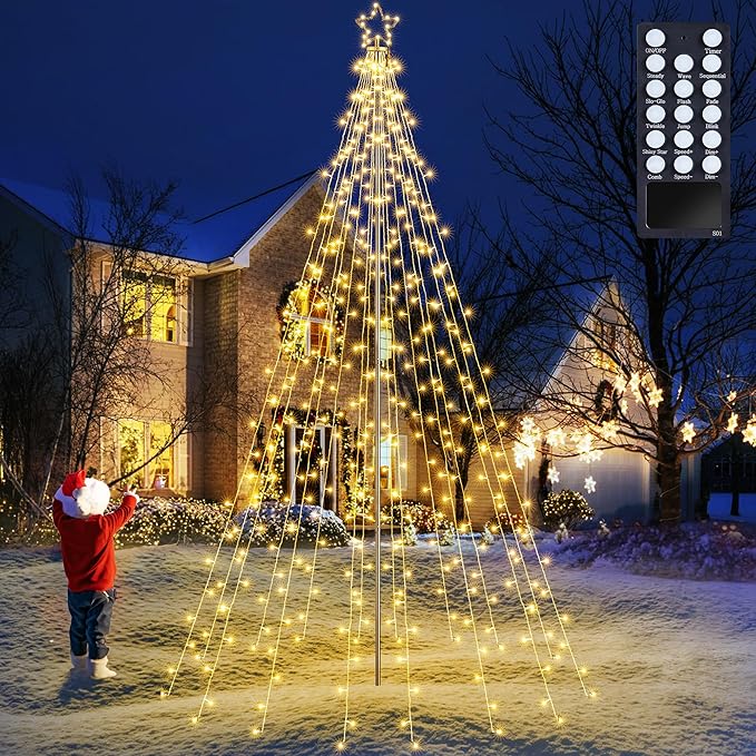 Lomotech Christmas Tree Lights - 10Ft 404 LED with 7.08" Topper, Remote Controll Waterproof Iron Pole Waterfall Lights for Outdoor Christmas Decorations (Warm White)