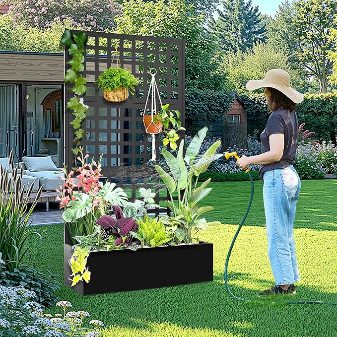 Metal Raised Garden Bed with Trellis, 2 in 1 Trellis with Planter Box & Privacy Screen for Climbing Plants, Vine, Outdoor Standing Flower Beds with Drainage Holes, 35.4"L x 16.7"W x 70.8"H, Black