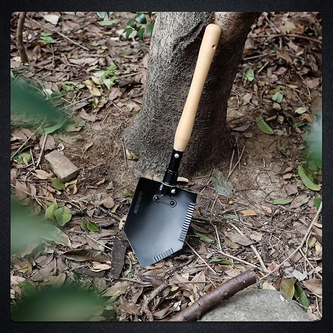 REDCAMP 23" Forces Spetsnaz Shovel, Tactical Entrenching Tool Hardwood Handle Shovel, Military Folding Camping Shovel for Camping Hiking Gardening Beach, Black