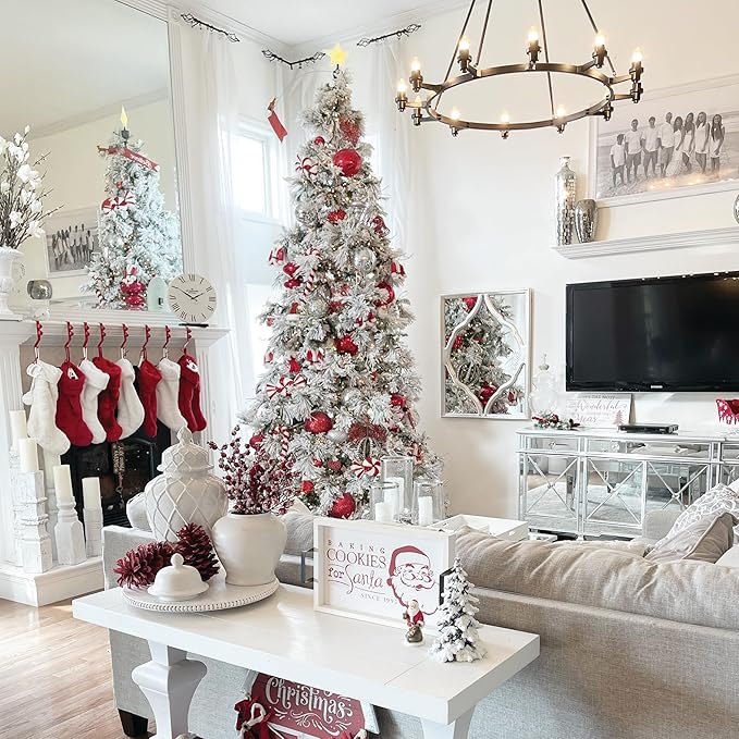 Fraser Hill Farm 12-Ft. Snowy Pine Flocked Artificial Christmas Tree with White Incandescent Smart Lights and Stand, Prelit Foldable Fake Tree with Realistic Foliage for Home Decoration