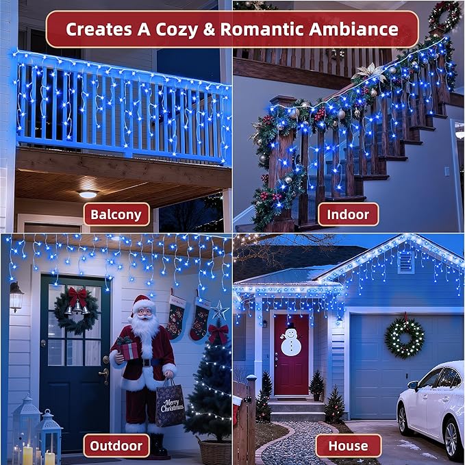 504 LED Christmas Lights Outdoor 50FT with 112 Drops, Christmas Decorations Hanging Lights 12 Modes, Dimmable Outsite Fairy String Lights for Wedding Party Holiday Winter Wonderland Decor Blue
