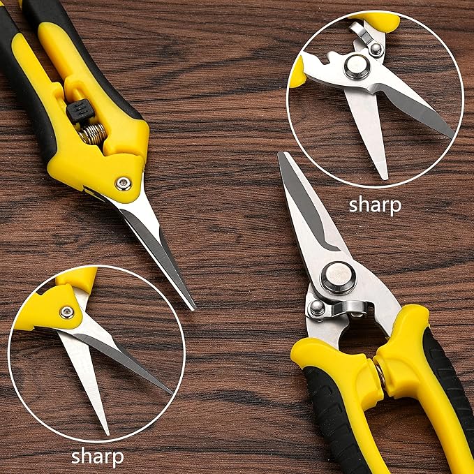 5 pack Garden Pruning Shears Stainless Steel Blades, Handheld Scissors Set with Gardening Gloves,Heavy Duty Garden Bypass Pruning Shears,Tree Trimmers Secateurs, Hand Pruner (Yellow and Black)