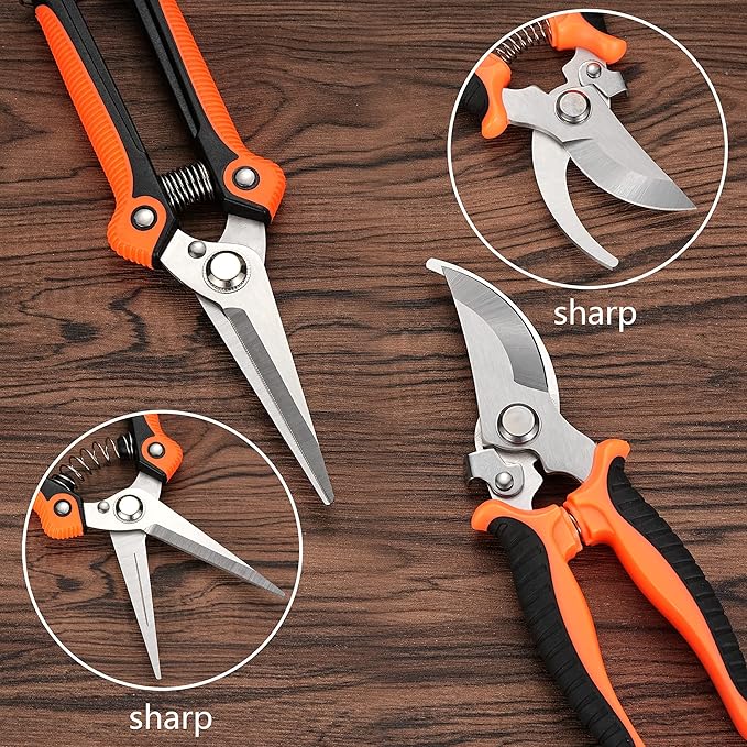5 pack Garden Pruning Shears Stainless Steel Blades, Handheld Scissors Set with Gardening Gloves,Heavy Duty Garden Bypass Pruning Shears,Tree Trimmers Secateurs, Hand Pruner (Orange)