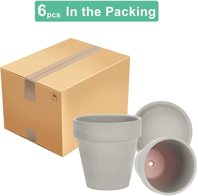 vensovo 4 Inch Small Grey Terracotta Plant Pots with Saucer - 6 Pack Clay Flowerpots with Drainage, Great for Indoor Outdoor Plants, Crafts, Wedding Favor