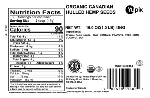 Yupik Organic Canadian Hulled Hemp Seeds, 1 lb - 16oz, Vegan, GMO-Free, Vegetarian, Gluten-Free Hemp Hearts, Brown, Pack of 1